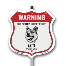 Warning This Property is Protected by Akita 12 inch X 12 inch Shield Shaped Rust-Free Aluminum Metal Sign with Aluminum Mounting Stake Weather Resistant Made in the USA