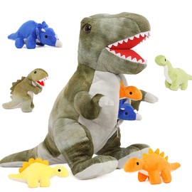 Muiteiur Dinosaur Stuffed Animal Soft Plush T-Rex Zippered Belly Inside with 5 Cute Baby Dinosaur Great Gift Set for Kids,19.6inch