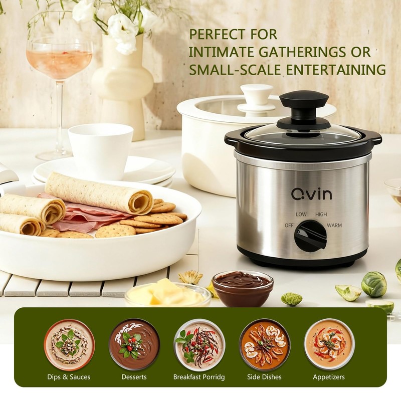 Qvin 0.65 Quart Mini Slow Cooker with Temperature Control, Stainless