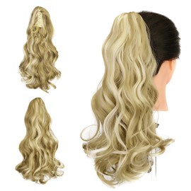 Gairyan 18inch Ponytail Extension Clip in Ponytail Hair Extensions Curly Wavy Pony Tails Claw on Ponytail Long Synthetic Hairpieces for Women Soft Real Look Wave (Sandy Blonde & Bleach Blonde)