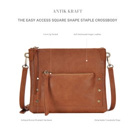 Antik Kraft The Savannah Crossbody Shoulder Bag - Tan | Vegan leather Crossbody Shoulder Bag | Shoulder Bag with removable crossbody strap 53-63 cm | 11in x 1.5in x 8.5in |