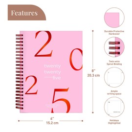 Rileys & Co 2025 Floating Weekly Planner - Annual Weekly & Monthly Agenda Planner, Jan - Dec 2025, Flexible Cover, Notes Pages, Twin-Wire Binding (15.2 x 20.3 cm, Pink)