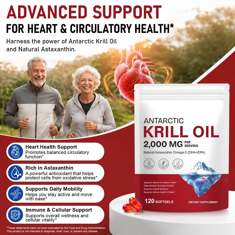 Antarctic Krill Oil 2000mg Softgels with Omega-3s EPA, DHA, Astaxanthin