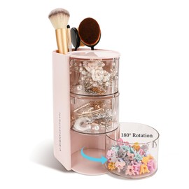 WCHOSOZH 3-Tier Clear Hair Accessories Organizer with Hair Brushes Holder, Rotatable Drawer Makeup Sponge Holder Desktop Organizer Case for Makeup Brush Lipsticks Q-tip Cotton Swab Stationery (Pink)