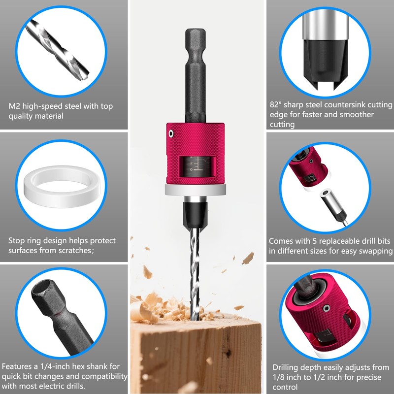 BURMONG 5-Piece Countersink Drill Bit Set with Adjustable Depth Stop,
