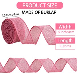 TONIFUL Burlap Wired Ribbon, 1-1/2 Inch Faux Burlap Ribbons, Pink Burlap Ribbon for Christmas, Home Decor, Gift Wrapping, Tree Topper Bow, Wreath, Outdoor Decoration, DIY Crafts (10 Yards）