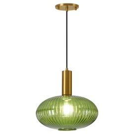 FEAZAC Modern Green Pendant Light Fixtures, Vintage Brass Ceiling Hanging Pendant Lights Adjustable with Striped Globe Glass Shade for Kitchen Island Bedroom Hallway Foyer, E26, 60W