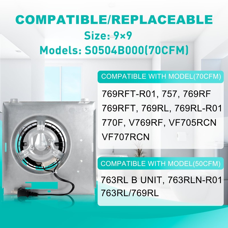 Up to 70CFM 763RLN B Unit Fan, Compatible with Nutone