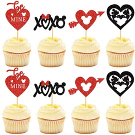 Keaziu - Paquete de 24 adornos para magdalenas con texto en inglés "Happy Valentines Day", diseño de mouse rojo, para decoración de pasteles, San Valentín, boda, fiesta, suministros de día festivo,