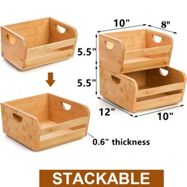 DEAYOU 2 Pack Bamboo Stackable Storage Bins, Bamboo Open Front Stacking Bins, Use as 2 Tier Bamboo Fruit Basket, Natural Food Organize Basket Box with Handle for Counter, Veg, Bread, Serving, Pantry