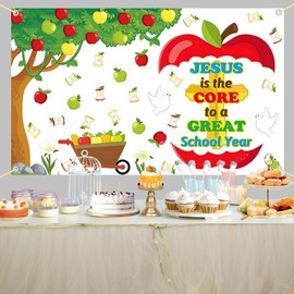 AIBIIN 7x5ft Jesus is The Core to a Great School Year Banner Jesus Backdrop Set Fall Bulletin Board Apple for Bible Religious Classroom Sunday School Chalkboard Wall Decor