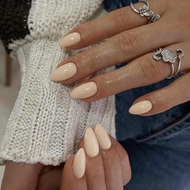 SXVME Uñas Postizas Cortas Almendradas Color Beige, Uñas Postizas Adhesivas, Uñas Acrílicas Gruesas de Aspecto Natural, Hechas A Mano con Gel de Alta 