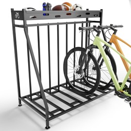 Hedyzone 4 Bike Stand Steady Bike Rack Garage with Baskets Storage Indoor Bike Storage Rack Metal Floor Bicycle Station for Parking Suitable for Mountain, Hybrid, Adult and Kids Bikes