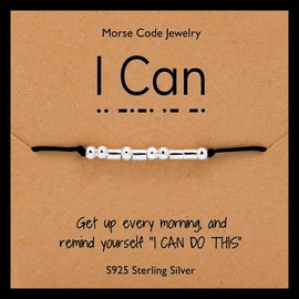 Rumnoke Inspirational Morse Code Bracelet Handmade Sterling Silver Beads Bracelet Secret Message Beads Silk Cord for Women I Can