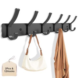 Infixtree 2 Pack Coat Rack Wall Mount, All Metal Wall Hooks for Hanging, Wall Hat Rack with 6 Dual Hooks, Black Coat Hooks for Hat Towel Purse Backpack Baseball Cap