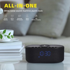 Sound Machine Alarm Clock for Bedrooms: Bluetooth 10W Stereo Sound Speaker with Wireless Charging - White Noise Machine for Sleeping with 21 Soothing Sounds - Black