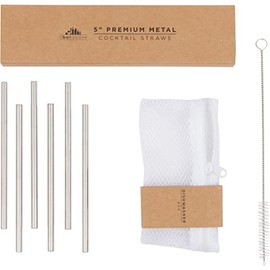 A Bar Above Short Cocktail Straws – Stainless Steel Straws – Metal Straws Reusable Set w/Straw Cleaner Brush & Dishwasher Bag – Reusable Straws for Drinking & Stirring (Set of 6)
