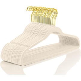 MIZGI Premium Velvet Hangers Pack 30 Pcs Heavyduty - Non Slip Slimline - Velvet Suit Hanger Ivory - Gold Hooks,Space Saving Clothes Hanger