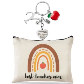 DGjianfei 2pcs Teacher Appreciation Gift Set Best Teacher Ever Makeup Pouch and Thank You Initial Letters Keychain Canvas Cosmetic Bag Zipper Pouch Thanksgiving Christmas Graduation Gift for Teacher