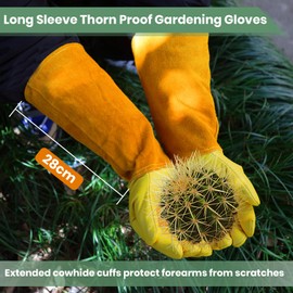 Velway Long Leather Gardening Gloves - Reinforced Palms Thorn Proof Work Gloves Breathable Cotton Lined Men Women Protective Gloves for General Yard Work