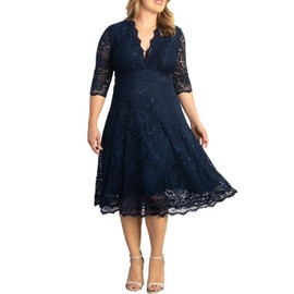 Kiyonna Women's Plus Size Mademoiselle Midi Lace Cocktail Dress for Wedding Guest, Mother of The Bride/Groom, Formal or Semi-Formal, Navy Blue Size 2X (18-20)