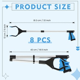 Ctosree 8 Pack Grabber Reacher Tool for Elderly 32 Inch Foldable Pick up Stick Lightweight Reaching Tool Long Handy Mobility Aids for Trash Pick Up, Litter Picker, Arm Extension(Blue)