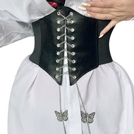 Asooll Women Leather Wide Elastic Corset Belts Vintage Lace up Waist Belt Butterfly Corset Waist Bands Party Club Prom Costume Clothing Dress Belts (Black)