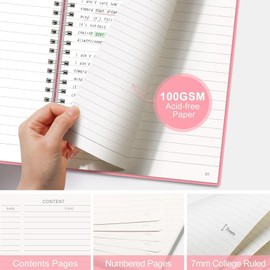 AHGXG Lined Spiral Notebook 8.5" x 11", A4 Large Notebook Journal for Women Men, 110 Numbered Pages College Ruled Notebook, 100 GSM Paper, Waterproof Plastic Cover, for School Work Note Taking, Pink