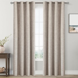 2 Panels Set 100% Blackout Natural Curtains Linen Textured 95 Inch Length Grommet Complete Blackout Drapes Darkening Thermal Insulated Curtains with White Liner for Living Room/Villa/Bedroom