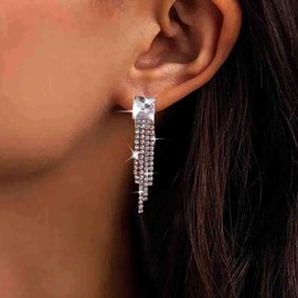 TseenYi Long Rhinestone Tassel Earrings Silver Gemstone Stud Earrings Long Crystal Fringe Earrings Sparkling Bridal Rhinestone Earrings Dangle Earrings for Women and Girls, Zinc