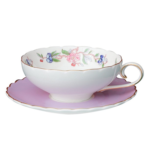 fanquare Porcelain Cup and Saucer, Pink Lotus Flower and Bird Coffee Cup, Tea Cup with Gold Trim, Purple