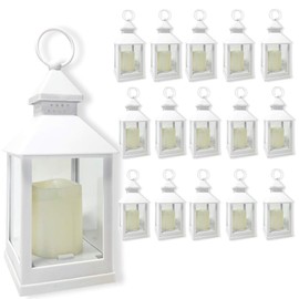 BANBERRY DESIGNS Decorative Lanterns Set - Set of 16-5 Hour Timer – 9 3/8" H White LED Lanterns with Flameless Pillar Candles Included - Indoor/Outdoor Lantern Set- Hanging or Sitting Decoration…