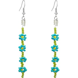 Bohemian Cute Handmade Beaded Flower Earrings Long Dangle Earrings for Women (Green, One Size)