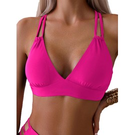 Tainehs Women's Push Up V Neck Bikini Tops Criss Cross Back Padded Bathing Suit Top Only Hot Pink
