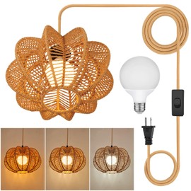 tebio Plug in Pendant Light,3 Color Bulb Rattan Hanging Lights with Plug in Cord 15FT Power Cord, Hanging Lamps That Plug into Wall Outlet for Boho Living Room（Bulb Included）