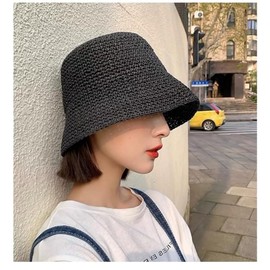 Womens Floppy Straw Sun Hat Packable Wide Brim Summer Beach Hat Foldable Crochet Bucket Hats, Black 2, Small-Medium