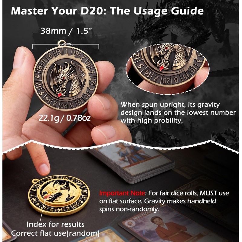 Haxtec D20 Spinner Dice with Keychain & Necklace Gifts for