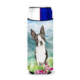 Caroline's Treasures CK2544MUK Mountain Flowers Boston Terrier Hugger for slim cans Can Cooler Sleeve Hugger Machine Washable Drink Sleeve Hugger Collapsible Insulator Beverage Insulated Holder