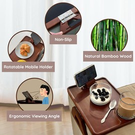Bamboo Sofa Arm Tray | Fits Armrest from 5"-12" Max | 360 Rotating Device Holder | Multipurpose Sofa Arm Table for Drinks | 360 Rotating Device Holder | Premium Wood, Non-Slip & Waterproof