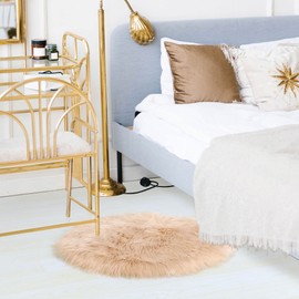 sourcing map Faux Fur Sheepskin Area Rug, Round Fluffy Indoor Carpets for Bedroom Living Room Sofa - Shaggy Soft Floor Decoration Washable Rugs, Black 60x60cm / 2 x 2 Feet