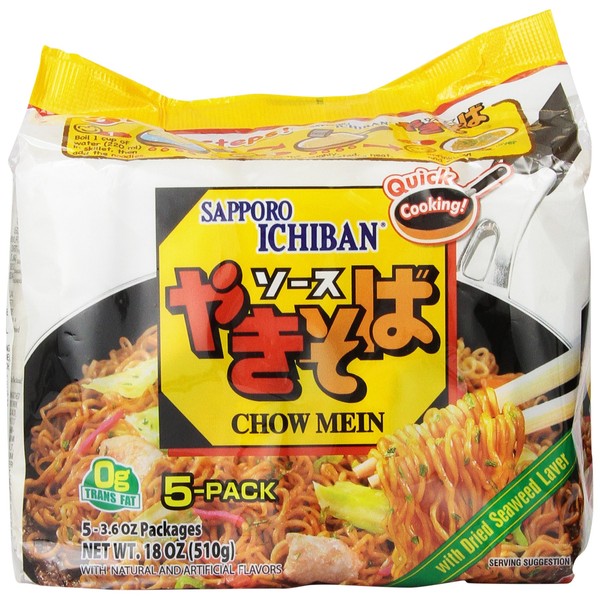 Sapporo Ichiban Chow Mein Yakisoba, 5 Count, 18 Ounce (Pack of 6)