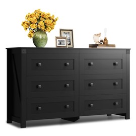 WLIVE Farmhouse Black Dresser for Bedroom, 53.07'' Wide 6 Drawer Wood Dresser, Chest of Drawers with Double Rustic Handle, TV Stand for 60 inch TV, Modern Clothes Organizer for Living Room, Hallway