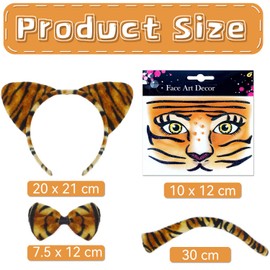 AEYAKA Animal Costume Tiger Ears Headband Tiger Tattoos Face Bow Tie, Collar and Tail Set, Tiger Role Play Costume for Children, Adults, Carnival, Cosplay, Costume Party