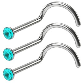 3pc 18g 1mm Stainless Steel CZ Nose Bar Screw Corskscrew Nostril Stud Piercing Hoop Blue Crystal