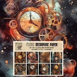 Decoupage Paper Pack (24 Sheets 6"x6") Clocks and Watercolor # Vintage Styled Pattern Paper for Decoupage, Craft and Scrapbooking