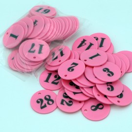 HAKITAROOM 1.4inch Ultraviolet Plastic Laser Round Number Tags ID Keychains for Dormitory Keys Markers for Lockers Pub Supermarket Hotel House Luggage Identification with Holes (1-32, Pink)