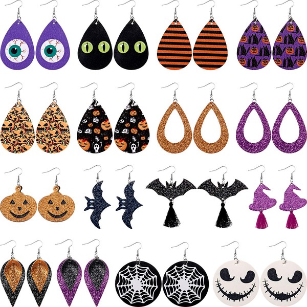 16 Pairs Halloween Faux Leather Earrings Layered Leather Dangle Teardrop