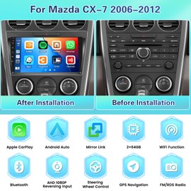 Fuluku【2+64G 18 FM Radio】 for Mazda CX-7 2006-2015 Car Stereo Android 13 with Wireless Carplay Android Auto Mirror Link, 9’Touchscreen Radio WiFi/GPS/RDS/Bluetooth/SWC/Waterproof Night Backup Cam Mic