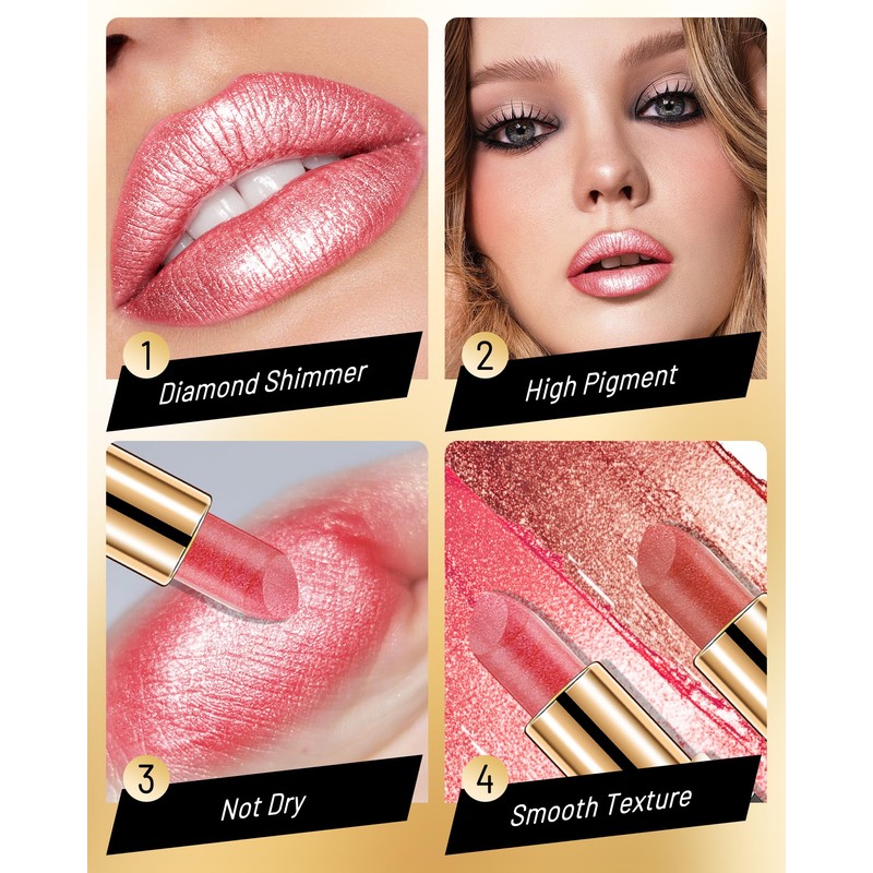 Rose Pink Glitter Lipstick for Women, Metallic Shimmer Frosted Lip