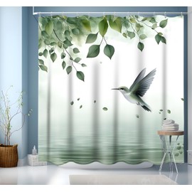 NEJLCTOROUS Shower Curtain, 200 x 200 cm, Green Leaves, Waterproof Washable Shower Curtains, Weighted Hem, Bath Curtains with Eyelets and 12 Shower Curtain Rings for Bathroom, Bathtub